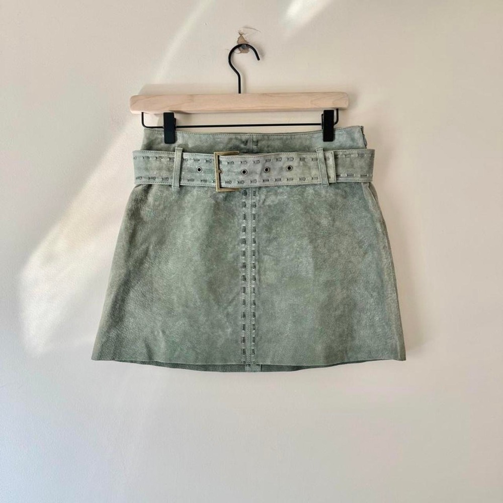 Limited Too Green Belted Suede Mini Skirt XS / Small Leather Stitching Y2K